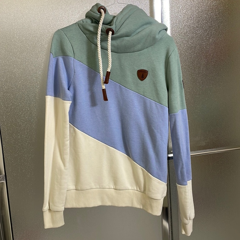 Wanakome hooded cowl neck sweatshirt. Cream, light blue, sage.